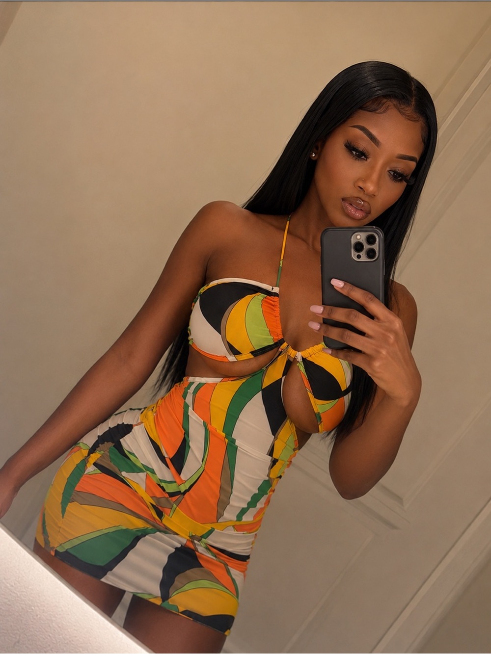 Colorful Retro Print Cutout Halter Bodycon Mini Dress | Ruched Stretch Clubwear - Picture 3 of 3